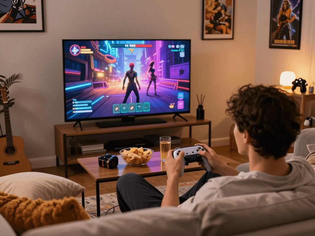 Engaging intimate scene of a player enjoying a sex game on a cozy sofa.
