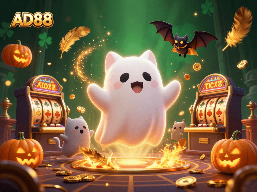 AD88 players enjoy winnings in a haunted casino with a friendly ghost cat and vampire bat.
