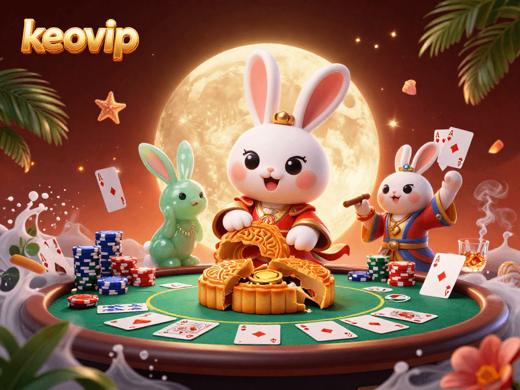 Join the keovip moon rabbit in a vibrant casino scene bursting with poker elements and moonlit magic.