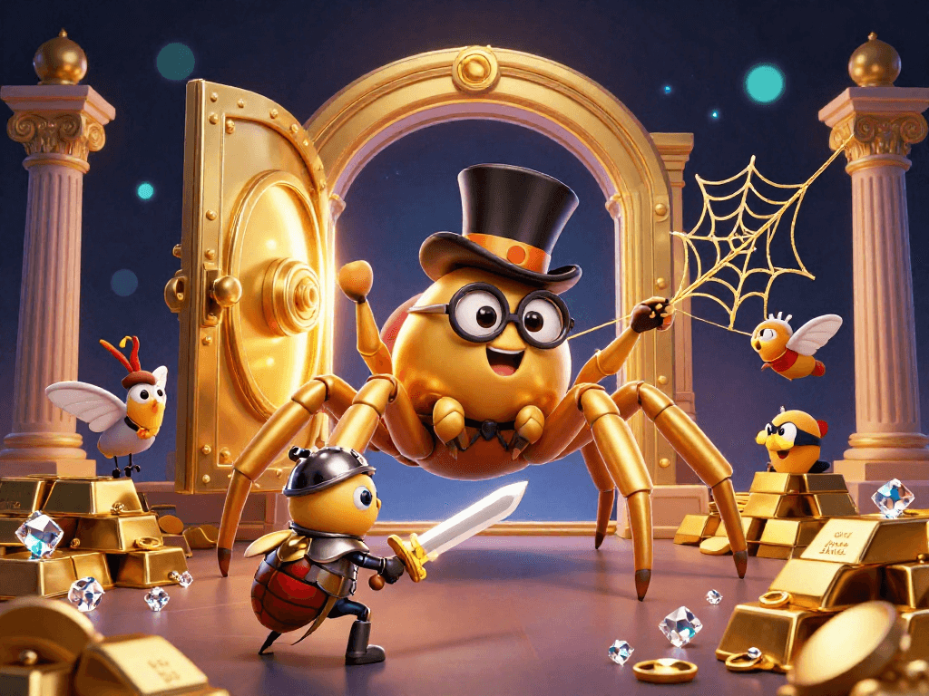 Experience the magic of 68WIN with a vibrant casino scene showcasing a golden tarantula and beetle knight amidst sparkling treasures.