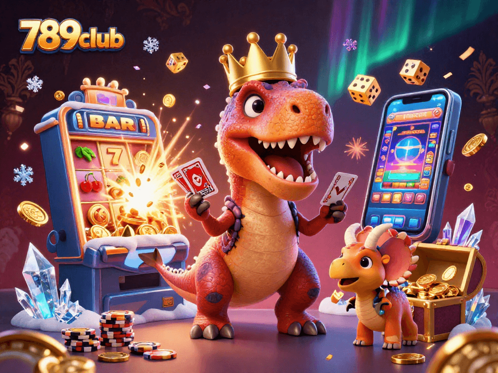 Join the thrilling fun at 789club with cartoon dinosaurs playing cards and stacking chips.