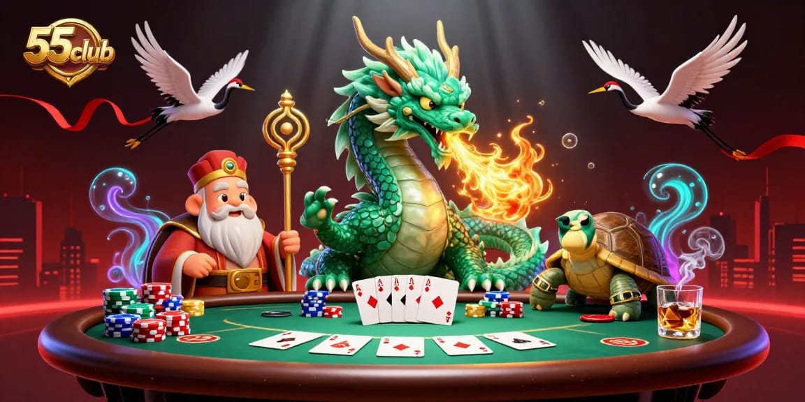 Players revel in the excitement of 55club poker, surrounded by vibrant casino elements and atmosphere.