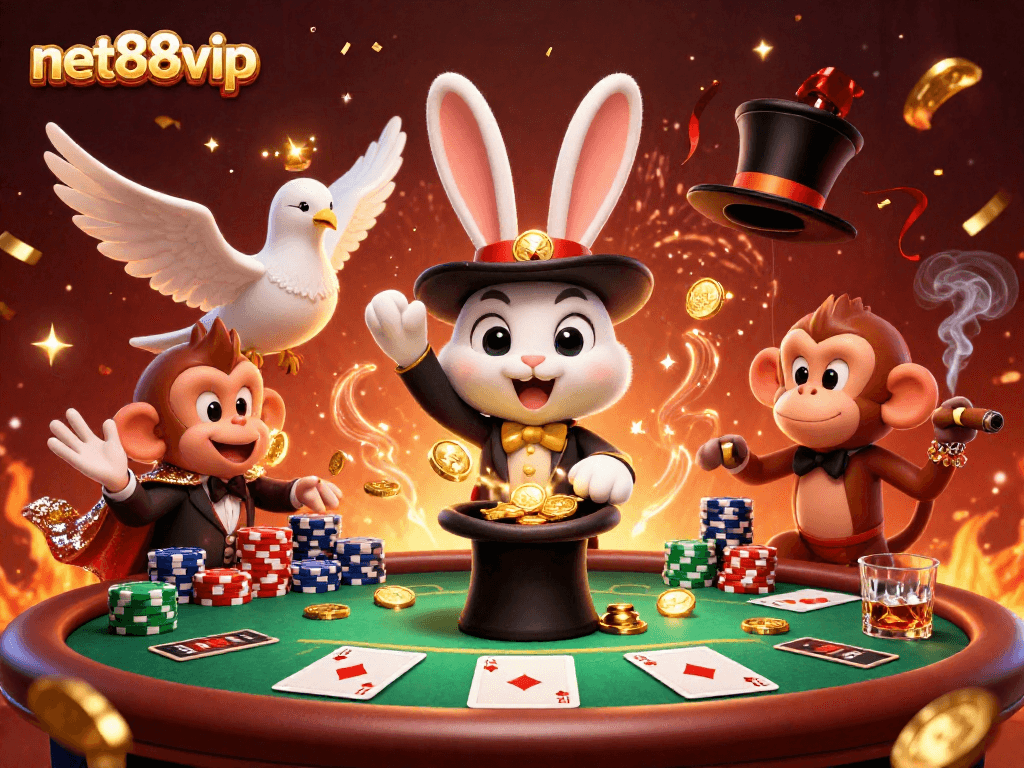 Experience net88vip with a magician rabbit, dove, and monkey amid poker excitement.