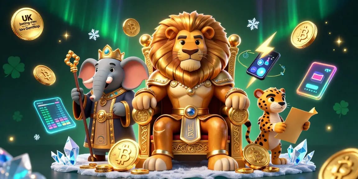 Explore UK betting sites not on GamStop with a vibrant 3D illustration featuring a lion king, elephant advisor, and cheetah messenger.