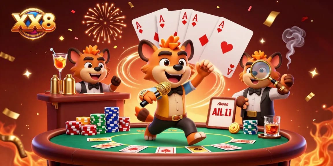 Engage in entertainment at XX8’s vibrant casino featuring animated hyenas embodying a lively atmosphere.