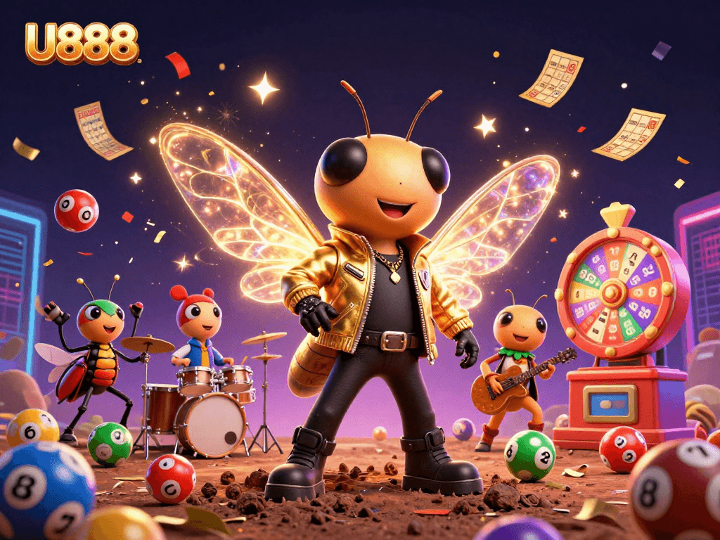 Experience U888's dynamic gambling world with vibrant characters and colorful lottery elements.