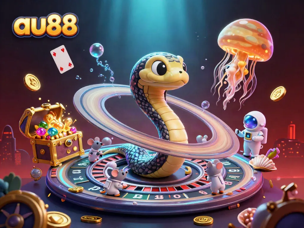 Experience the thrill of au88 with a 3D cosmic casino scene featuring astronaut mice betting and underwater treasures.