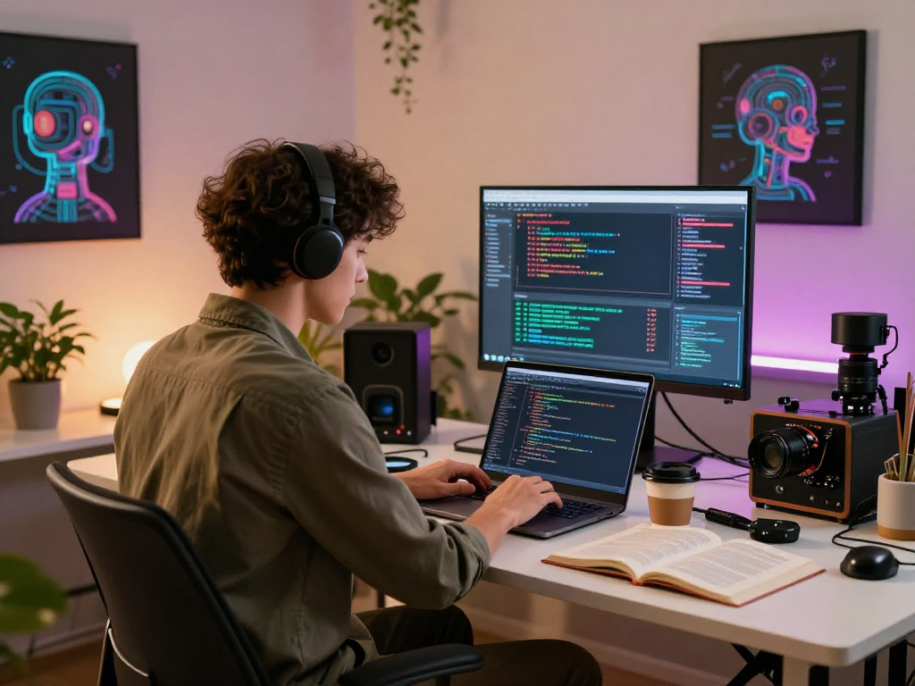 Innovative professional developing nsfw ai applications in a modern studio space, showcasing coding activity and tech elements.