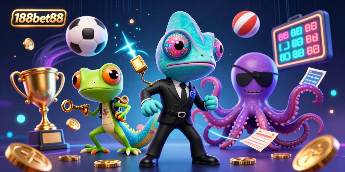 Experience thrilling gaming with 188bet88: A vibrant, cartoon-style illustration of a secret agent chameleon, a tech-savvy gecko, and a villainous octopus amidst dynamic sports betting elements.