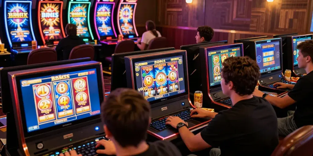 Exciting scene of players enjoying bonus buy slots at https://stargazyinn.co.uk, showcasing colorful screens and lively atmosphere.
