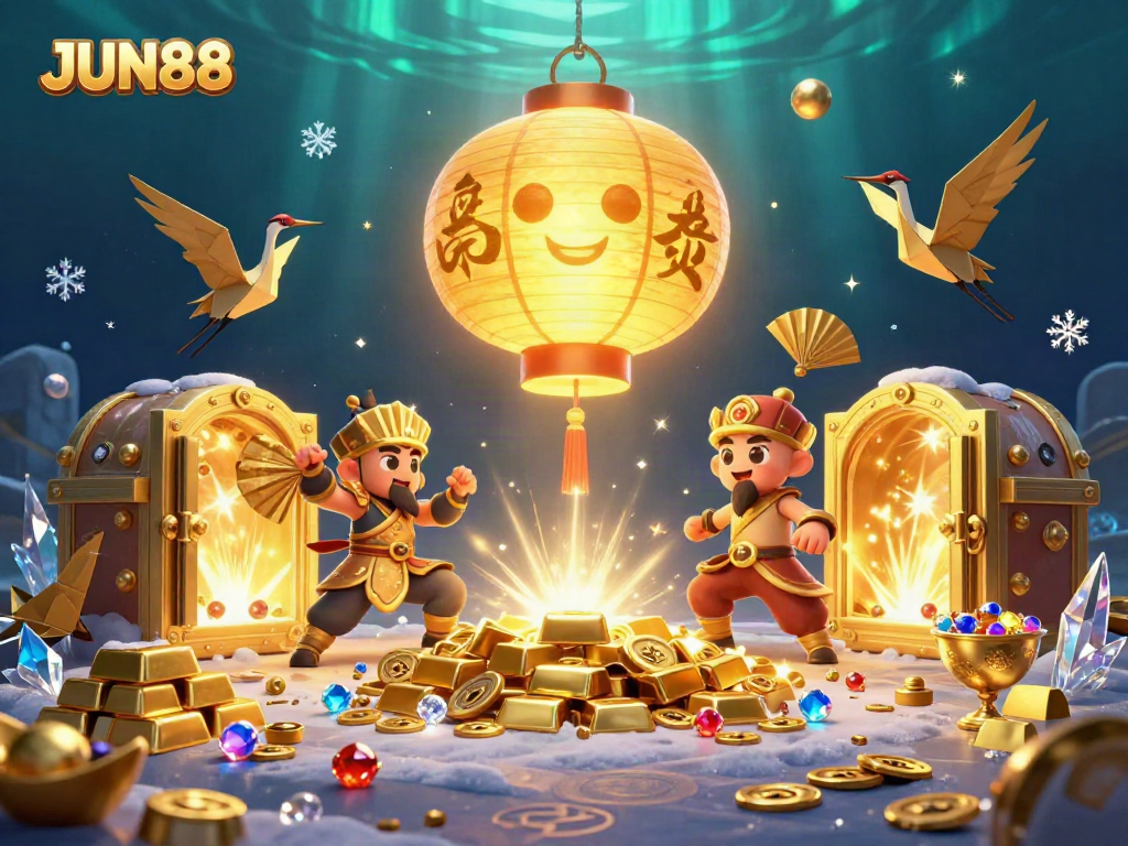 Experience thrilling bets at JUN88 with a vibrant, illuminated casino scene featuring lucky symbols and rich treasures.