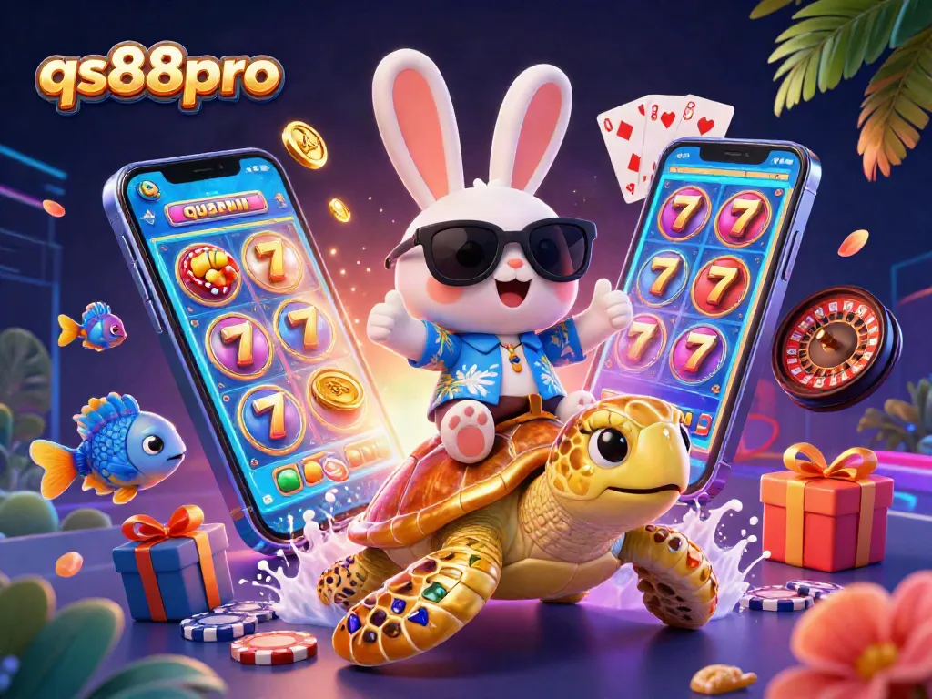 Experience vibrant gaming with qs88pro's thrilling slots and golden wins in 3D illustration.
