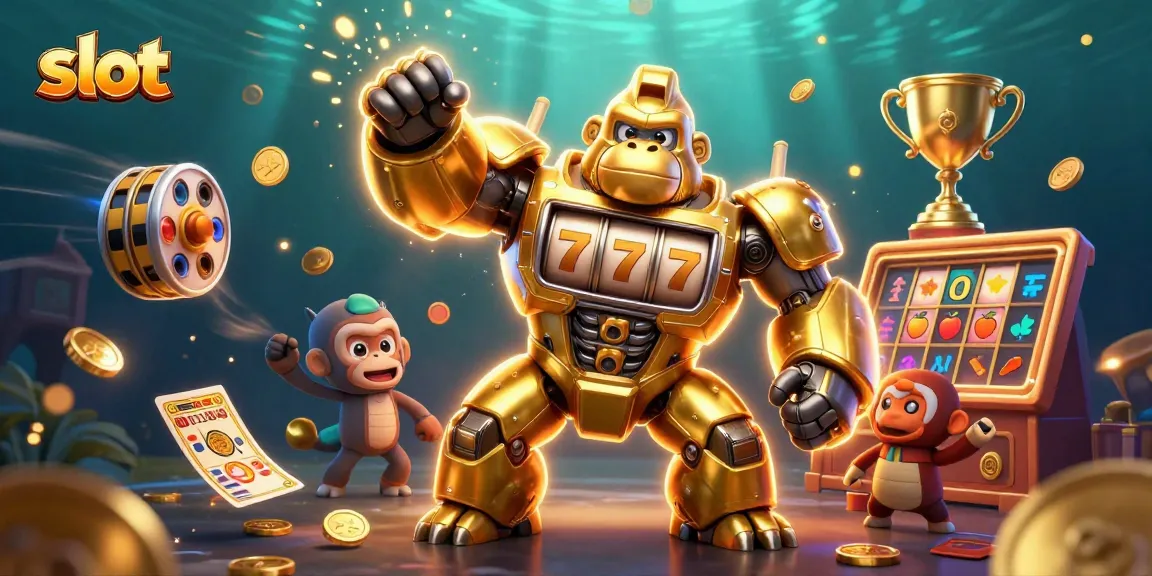 Experience the thrill of slot games with a dynamic golden gorilla mech and slot elements