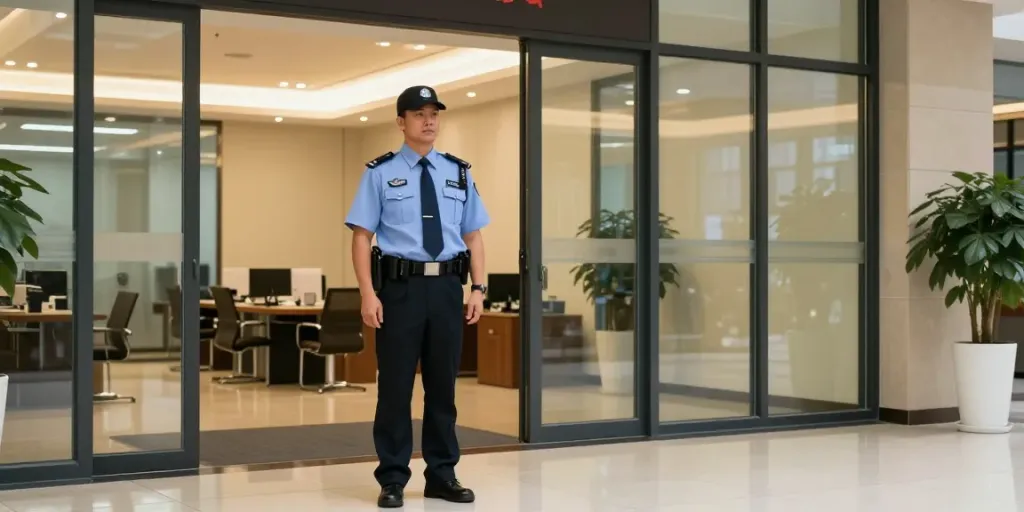 Security Guard providing protection in a welcoming corporate environment, trusted local service.