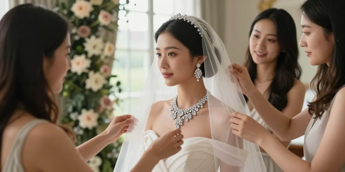 Bridal elegance showcasing a high jewelry bridal collection with intricate diamond accessories and romantic atmosphere.