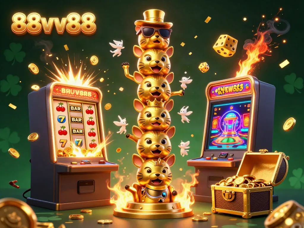 Engage with 88vv88's vibrant casino scene featuring a dynamic totem and bursting slot machine.