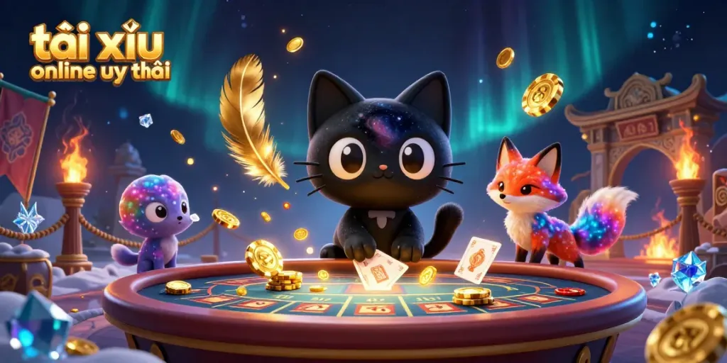 Engage in a vibrant cosmic casino scene with the tài xỉu online uy tín atmosphere, featuring a cartoon cat manipulating golden chips and cards.