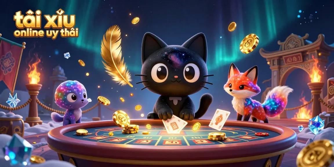 Engage in a vibrant cosmic casino scene with the tài xỉu online uy tín atmosphere, featuring a cartoon cat manipulating golden chips and cards.