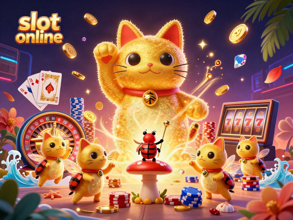 Experience the excitement of slot online games with our vibrant 3D lucky cat illustration and casino elements.