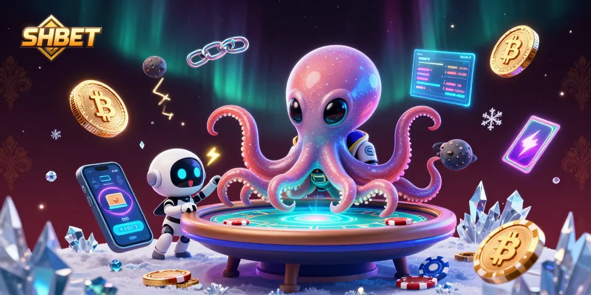 Engage in thrilling gaming at SHBET with a vibrant alien octopus operating a holographic poker table.