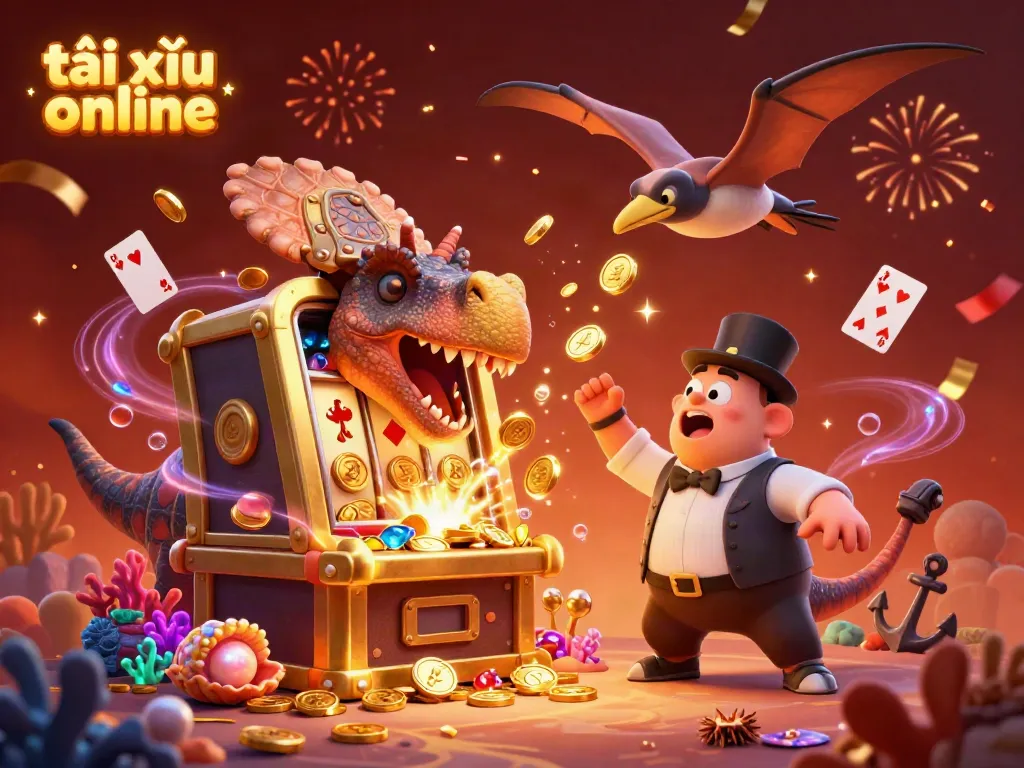 Exciting scene depicting tài xỉu online with a dinosaur at a golden slot machine, celebrating as jackpot coins explode around.