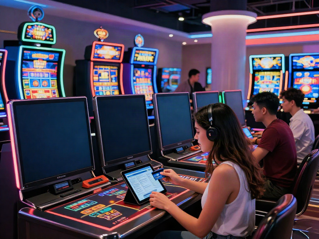 Excited players at a modern online casino using credit cards for gaming.