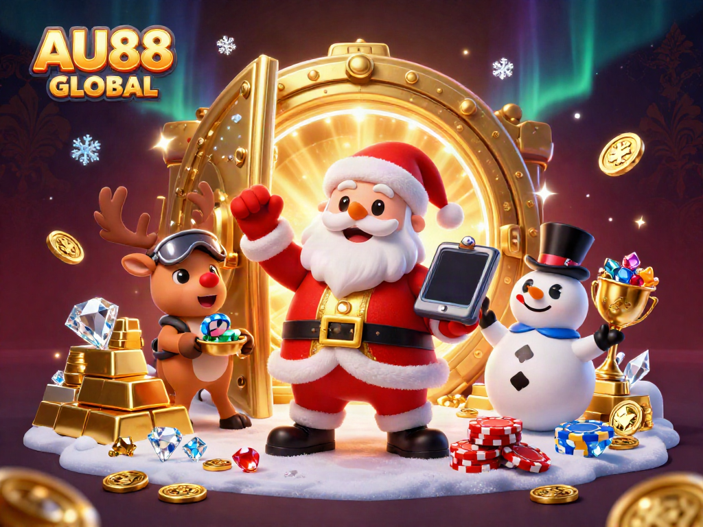 Experience jackpot bliss with AU88 GLOBAL as Santa, a reindeer dealer, and snowman revel in a treasure-filled casino.