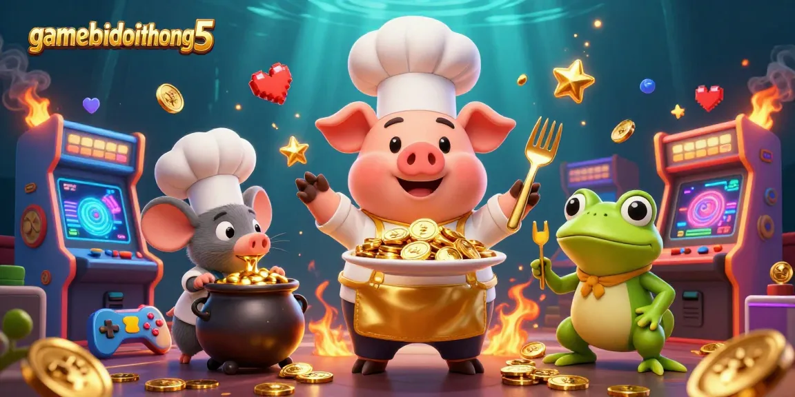 Boost your wins at gamebaidoithuong5 with a playful casino scene featuring chef pig and friends.