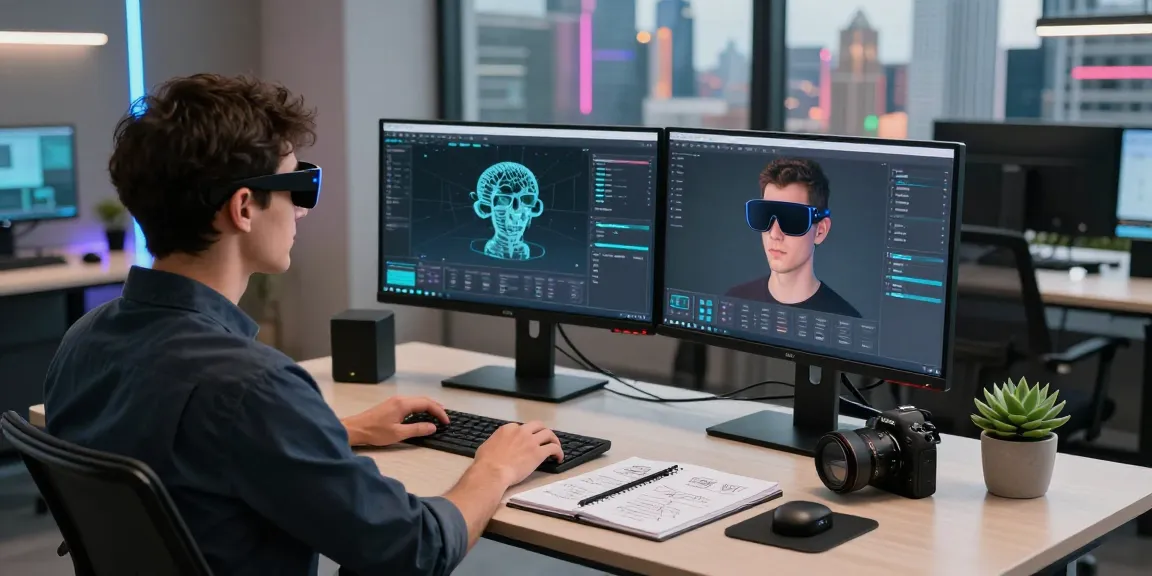 Person using smart glasses in a modern tech workspace with augmented reality applications.