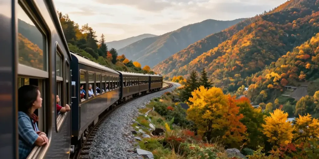 Scenic train ticket adventure through vibrant mountain landscapes, ideal for travel enthusiasts.