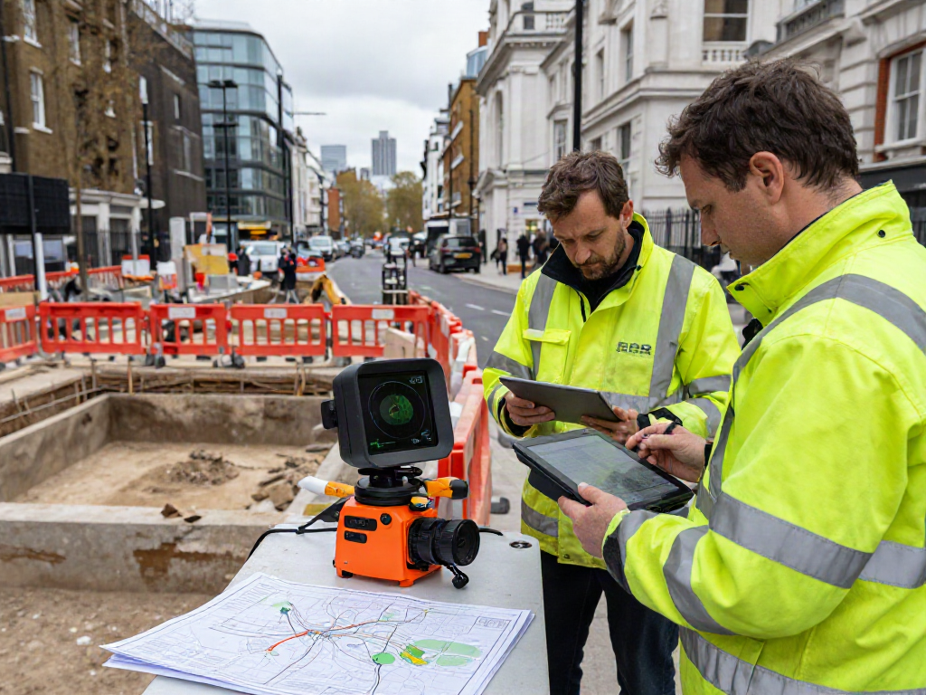 GPR Utility Survey London, surveyor using ground penetrating radar technology in urban construction site.