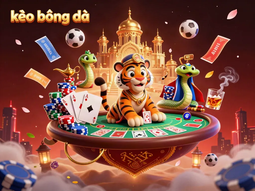 Experience kèo bóng đá betting excitement with a 3D sultan tiger and dynamic sports elements illustration.