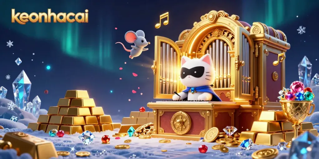 Experience thrilling wins with keonhacai as a charming phantom cat plays at a casino organ amidst treasures.
