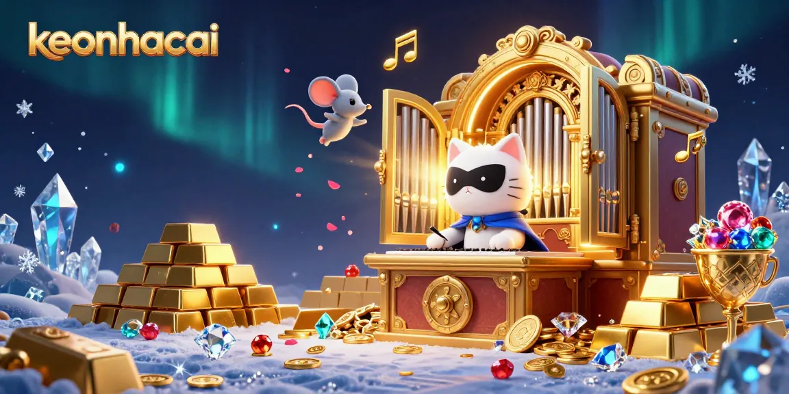 Experience thrilling wins with keonhacai as a charming phantom cat plays at a casino organ amidst treasures.