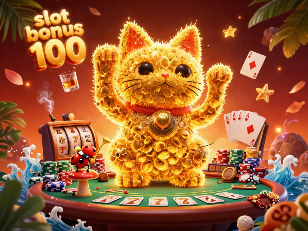 Engage with the vibrant scene showcasing a lucky cat and casino symbols representing the thrilling slot bonus 100.