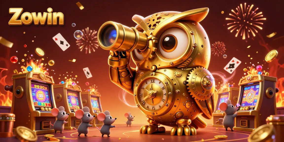 Zowin enhances your gaming experience with a golden owl overseeing a vibrant casino floor.