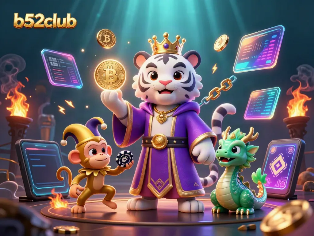 Engage in gameplay at b52club with an elegant tiger, playful monkey, and a jade dragon in a rich casino scene.