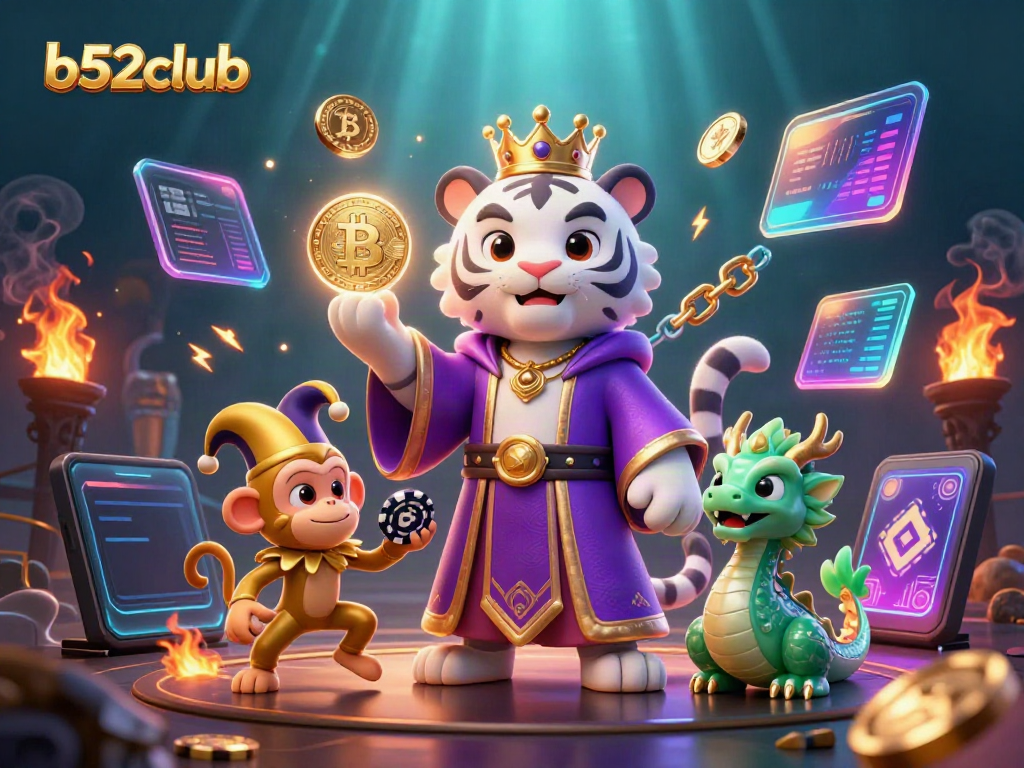 Engage in gameplay at b52club with an elegant tiger, playful monkey, and a jade dragon in a rich casino scene.
