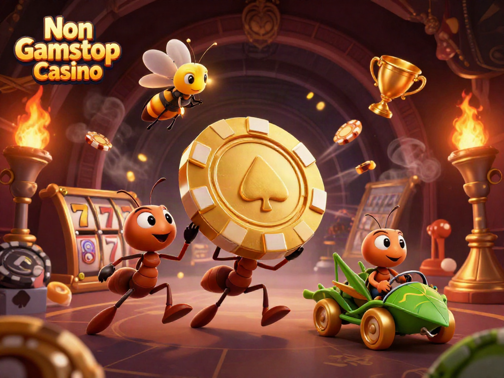 Dynamic heist scene showcasing Non Gamstop Casino with ants carrying a poker chip amid vibrant gambling elements.