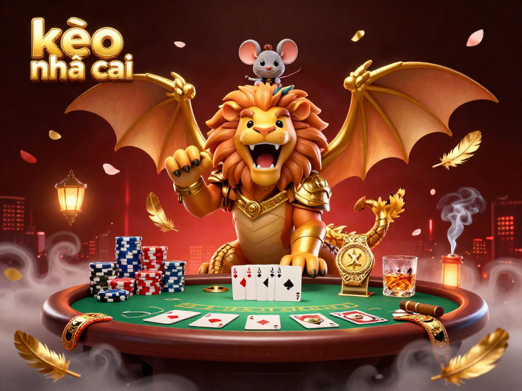 Engage with kèo nhà cái in a vibrant 3D scene featuring a chimera and poker elements.