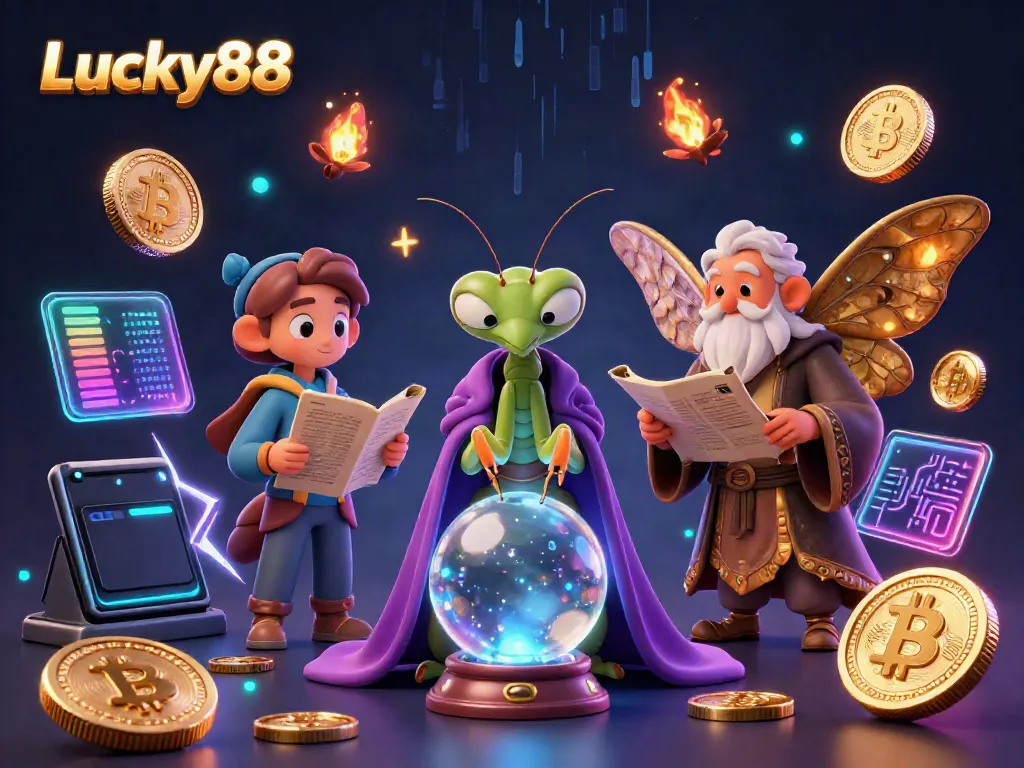 Engage in thrilling gameplay at Lucky88, showcasing vibrant characters and crypto elements in an enchanting casino scene.
