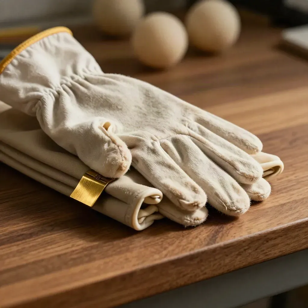Cotton gloves, brass tag, frame protector and archival pouch on a warm conservation bench.