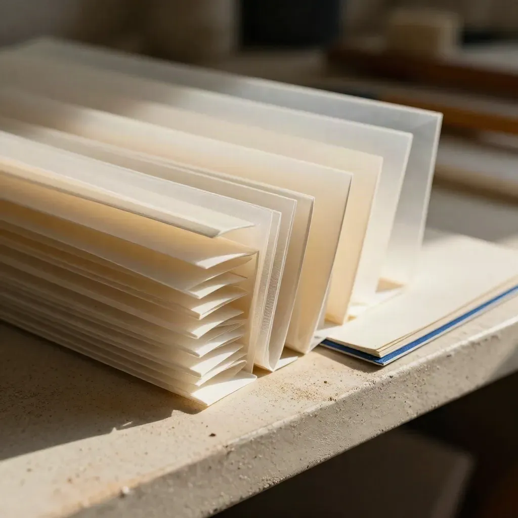 Archival sleeves, print corners, folder and swatch card in warm studio light.