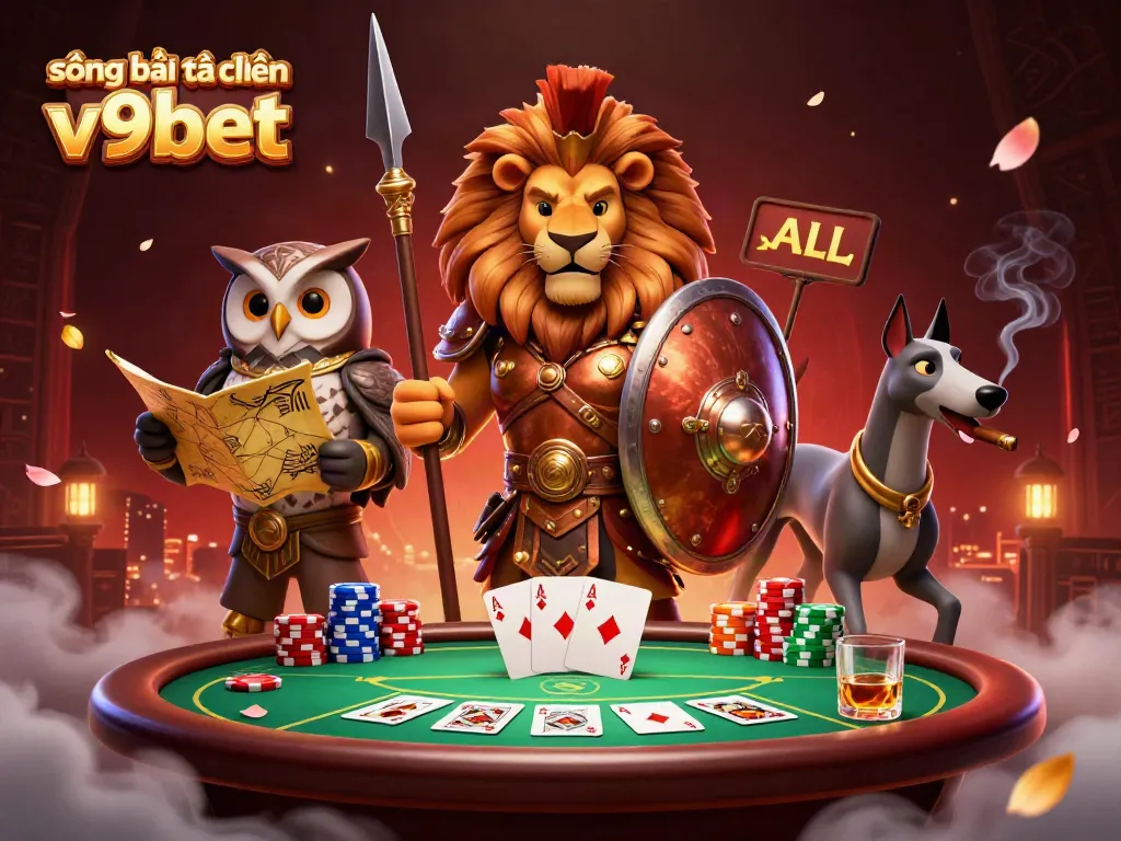 Engage in thrilling moments at sòng bài trực tuyến v9bet with an epic scene of protagonists and poker elements.