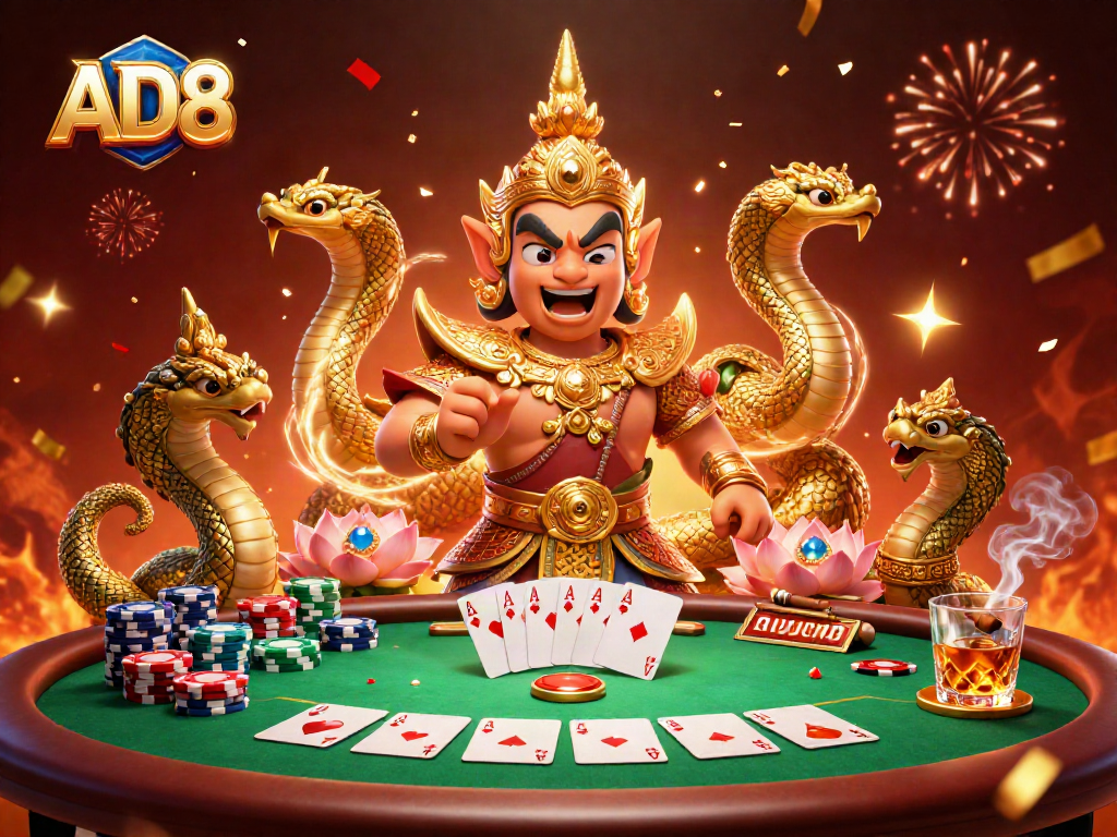 Engage in thrilling poker with AD8 featuring vibrant guardian characters and festive elements.
