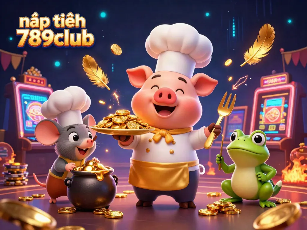 Engage with nạp tiền 789club by exploring an exciting casino scene featuring gold coins, a chef pig, and dynamic character interactions.