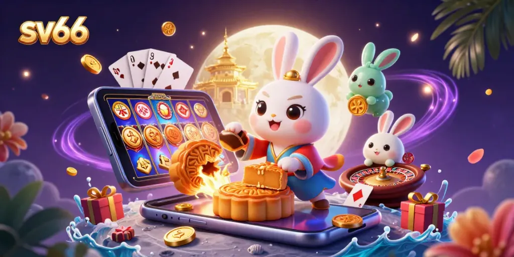 Experience exhilarating gameplay at sv66 with a vibrant 3D illustration of a moon rabbit revealing poker chips.