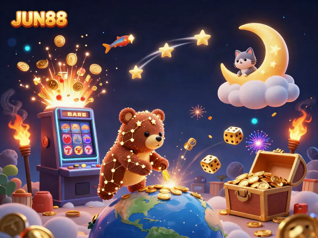 Engage with JUN88's gaming world as the constellation bear scoops coins amidst a vibrant casino backdrop.
