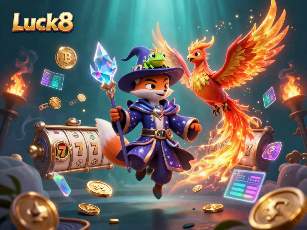 Experience exciting gaming at Luck8 with a magical wizard fox, phoenix, and vibrant slot reels.