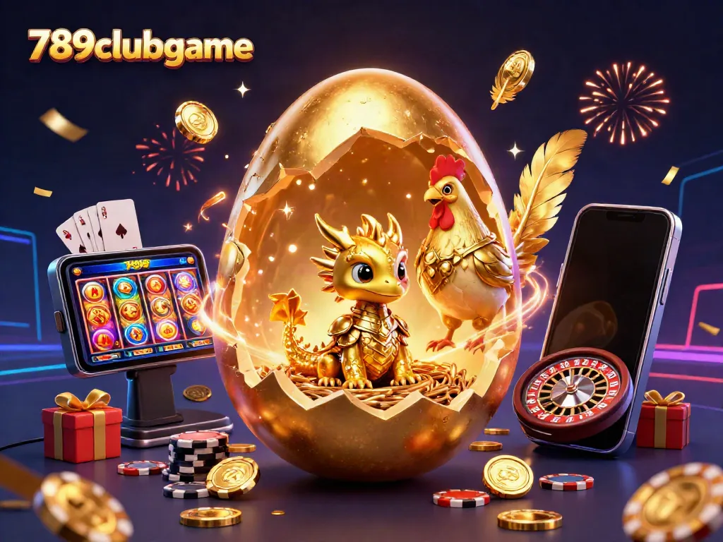 Experience the excitement of 789clubgame, where a dragon of golden crystals guards a nest of poker chips amidst vibrant celebration.